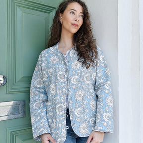 Cornflower Blue Floral Cotton Quilted Reversible Jacket