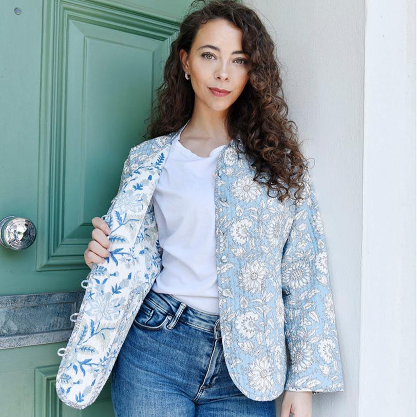 Cornflower Blue Floral Cotton Quilted Reversible Jacket