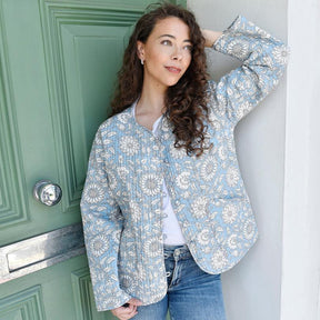 Cornflower Blue Floral Cotton Quilted Reversible Jacket