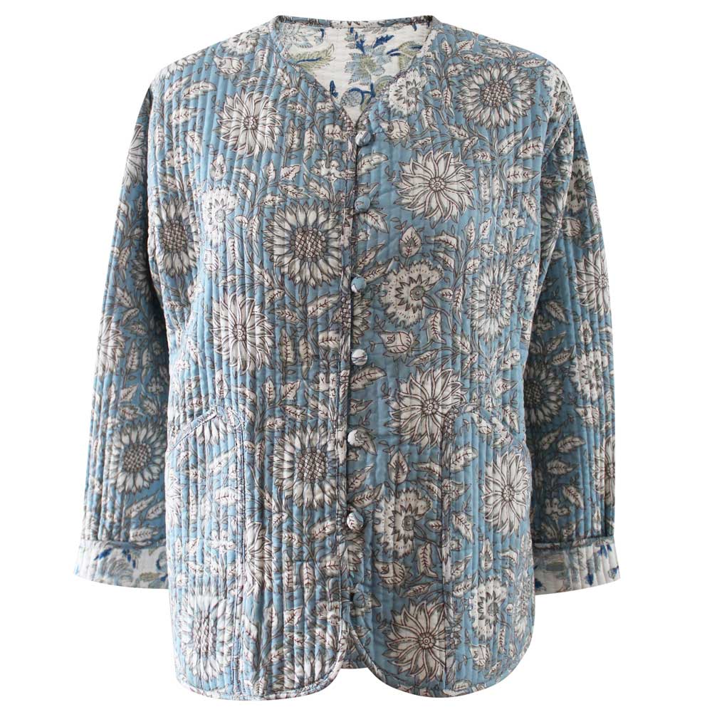 Cornflower Blue Floral Cotton Quilted Reversible Jacket