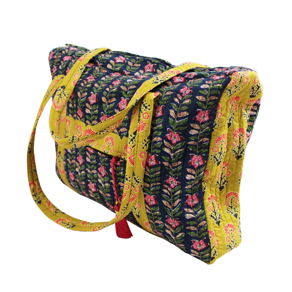 Navy Blue & Pink Lily Vertical Block Print Tote Bag With Zip