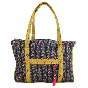 Navy Blue & Pink Lily Vertical Block Print Tote Bag With Zip