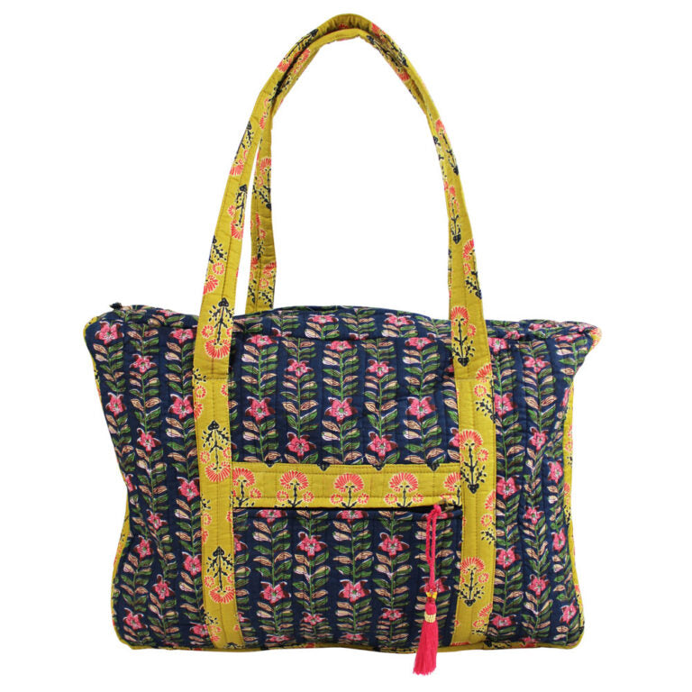 Navy Blue & Pink Lily Vertical Block Print Tote Bag With Zip