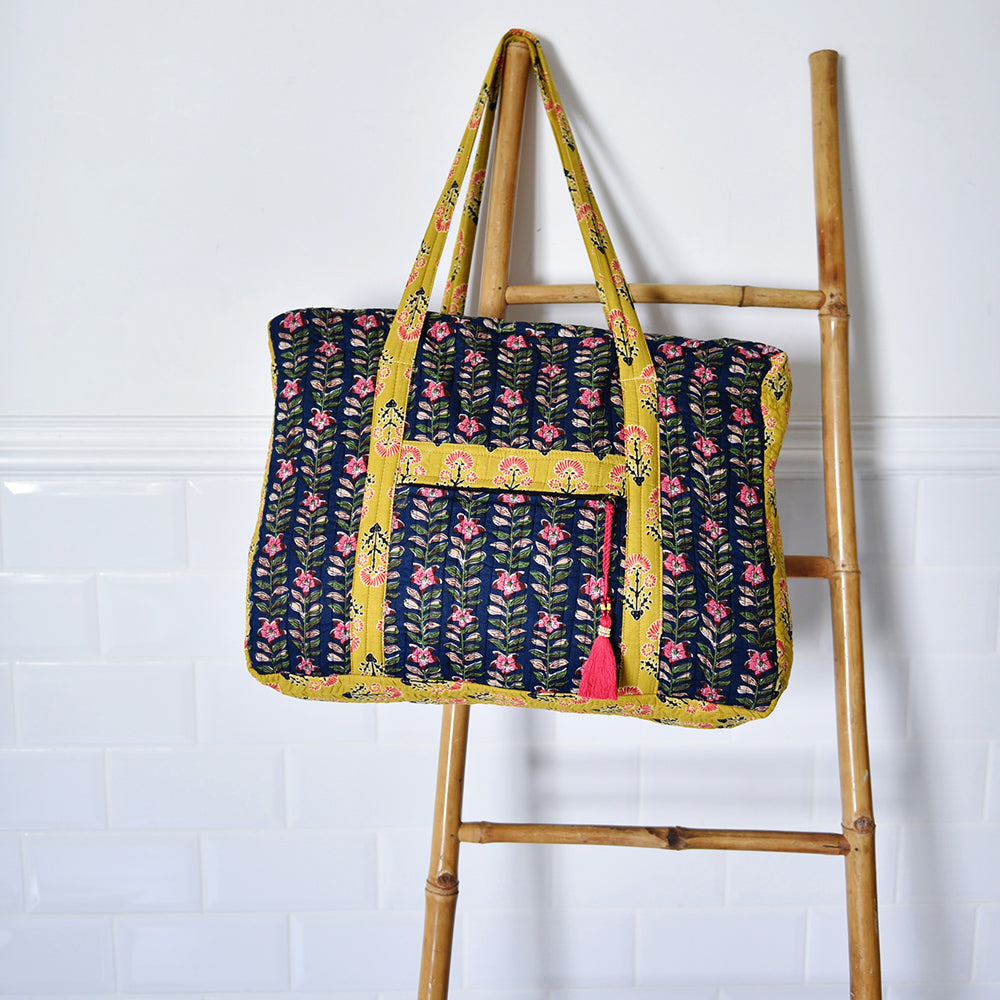 Navy Blue & Pink Lily Vertical Block Print Tote Bag With Zip