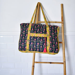 Navy Blue & Pink Lily Vertical Block Print Tote Bag With Zip