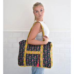 Navy Blue & Pink Lily Vertical Block Print Tote Bag With Zip