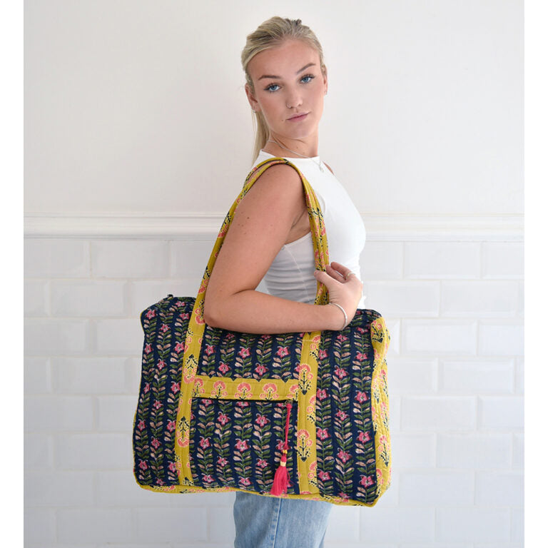 Navy Blue & Pink Lily Vertical Block Print Tote Bag With Zip