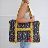 Navy Blue & Pink Lily Vertical Block Print Tote Bag With Zip