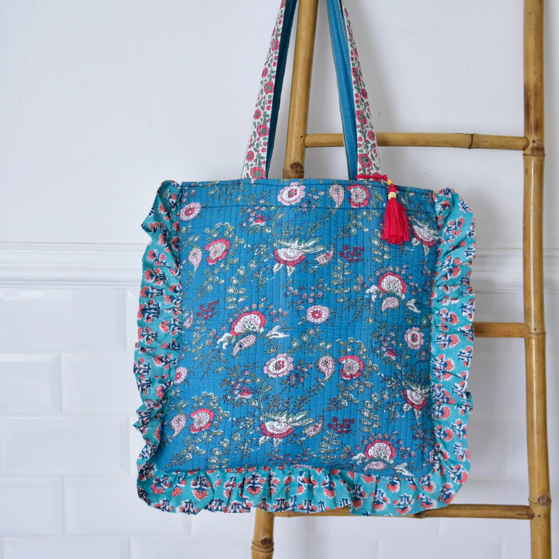 Inky Blue, Pink & Green Mixed Floral & Stripy Quilted Tote Bag With Turquoise & Pink Ruffle