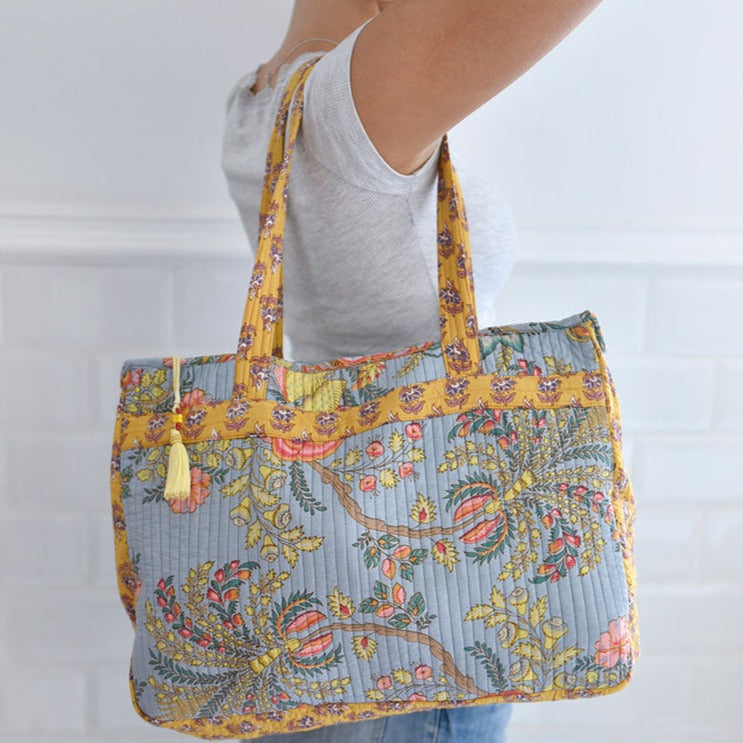 Grey, Coral and Mustard Quilted Tote Bag With Zip