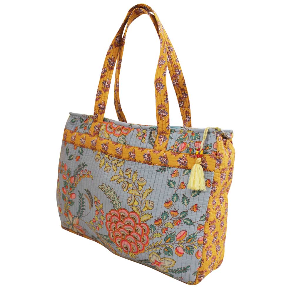 Grey, Coral and Mustard Quilted Tote Bag With Zip