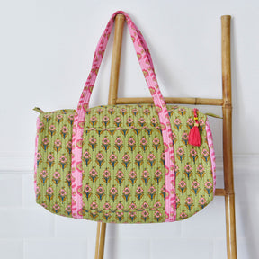 Green And Pink Zip Top Quilted Duffle Bag