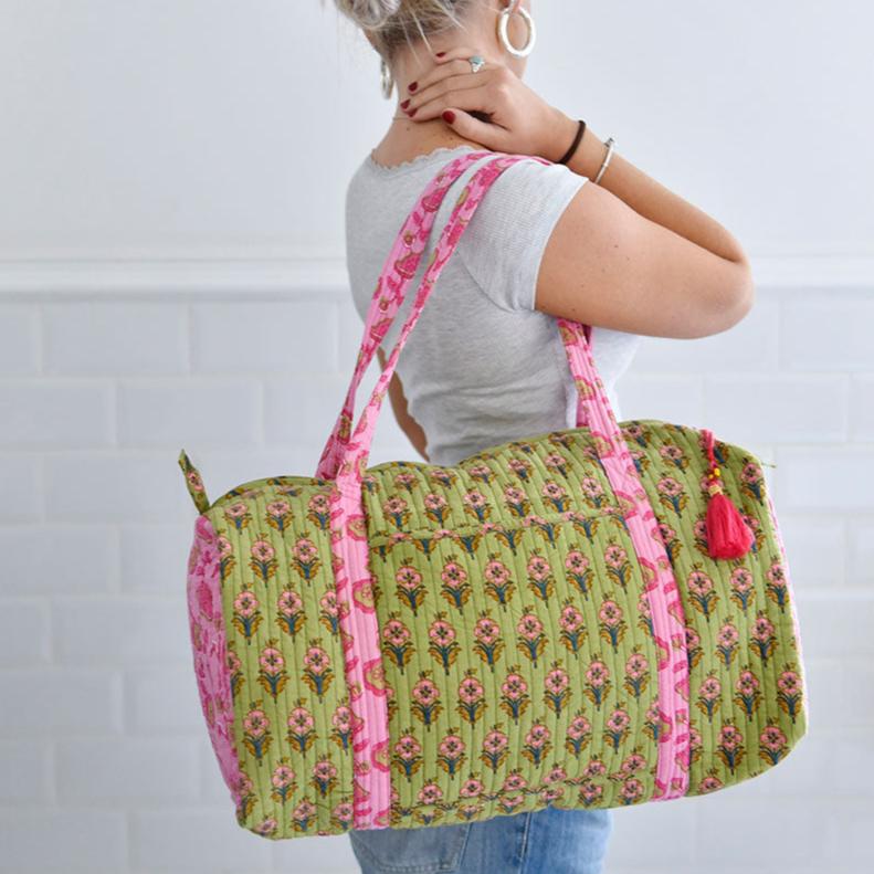 Green And Pink Zip Top Quilted Duffle Bag