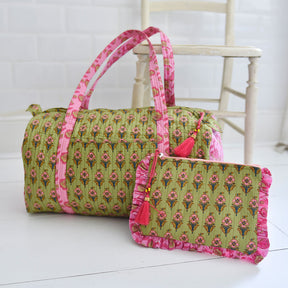 Green And Pink Zip Top Quilted Duffle Bag