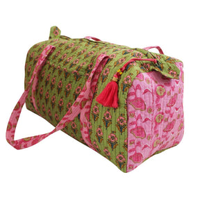 Green And Pink Zip Top Quilted Duffle Bag