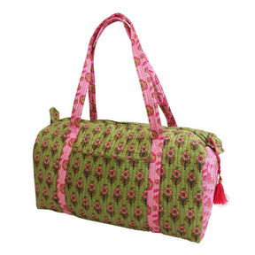 Green And Pink Zip Top Quilted Duffle Bag