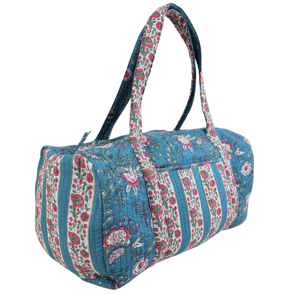 Inky Blue, Pink & Green Mixed Floral Quilted Duffle Bag
