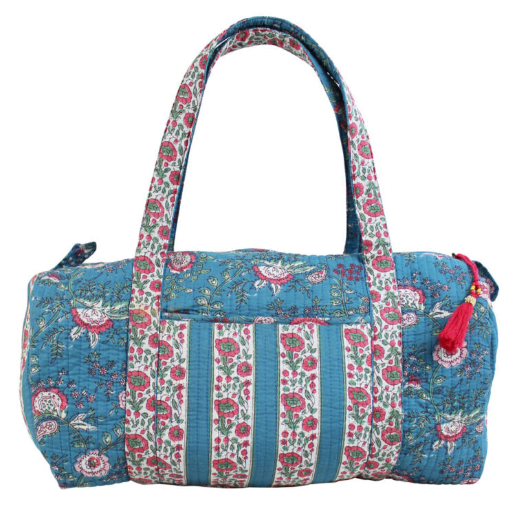 Inky Blue, Pink & Green Mixed Floral Quilted Duffle Bag