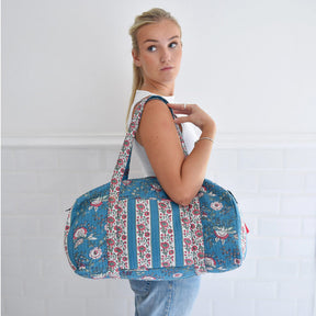 Inky Blue, Pink & Green Mixed Floral Quilted Duffle Bag