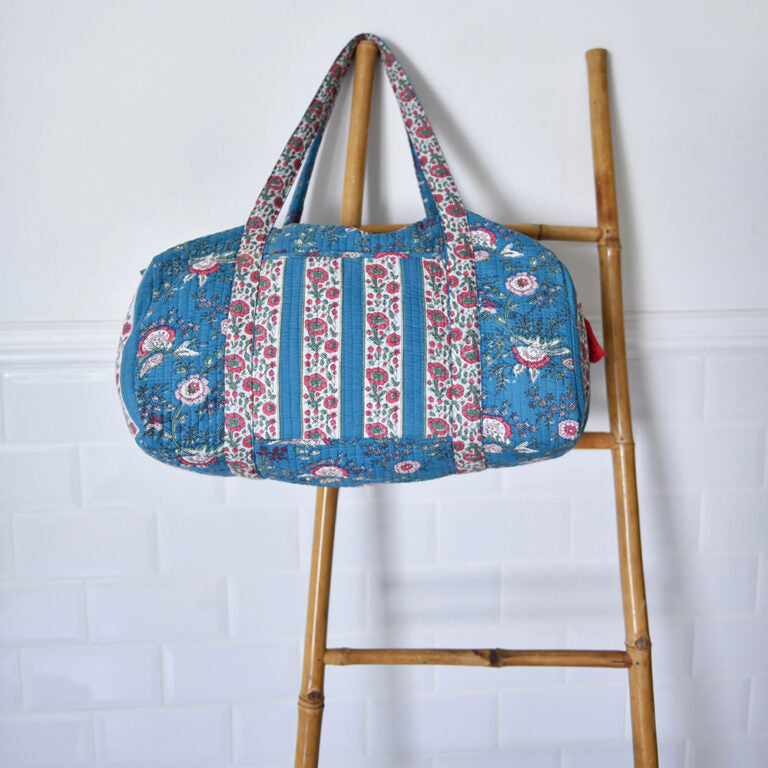 Inky Blue, Pink & Green Mixed Floral Quilted Duffle Bag
