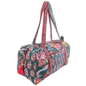 Pine Green, Red, Pink & Mustard Block Print Quilted Duffle Bag
