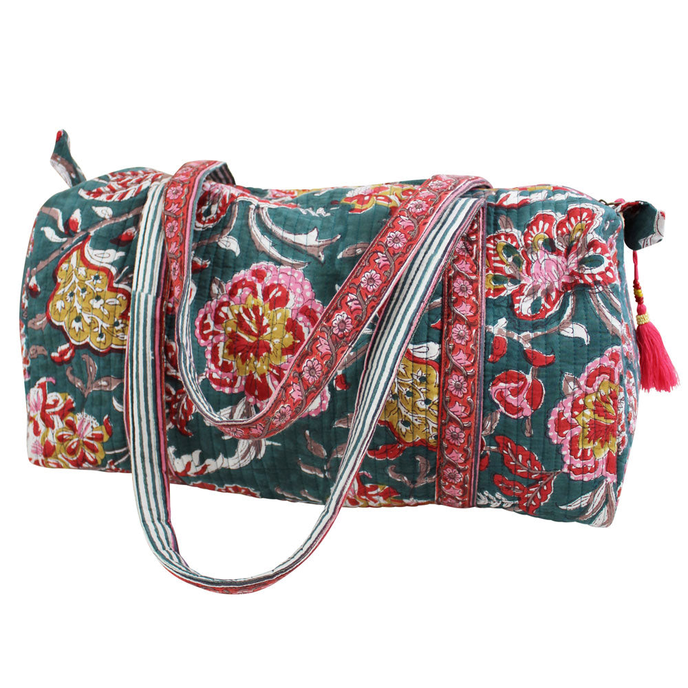 Pine Green, Red, Pink & Mustard Block Print Quilted Duffle Bag
