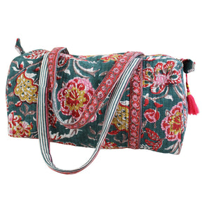 Pine Green, Red, Pink & Mustard Block Print Quilted Duffle Bag