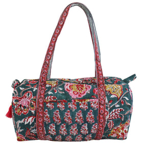 Pine Green, Red, Pink & Mustard Block Print Quilted Duffle Bag