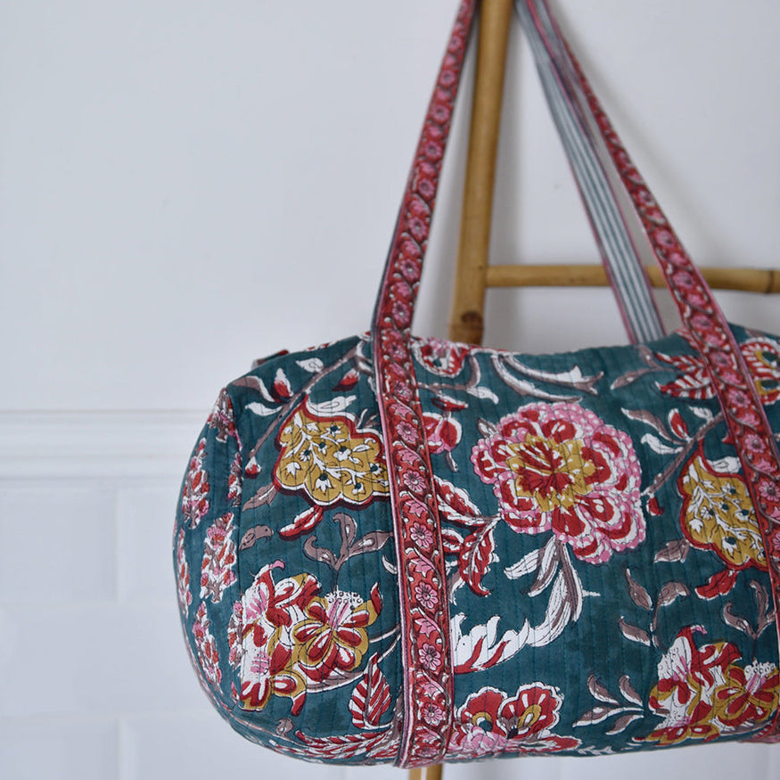 Pine Green, Red, Pink & Mustard Block Print Quilted Duffle Bag
