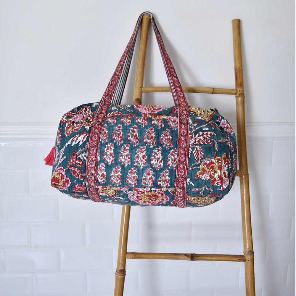 Pine Green, Red, Pink & Mustard Block Print Quilted Duffle Bag