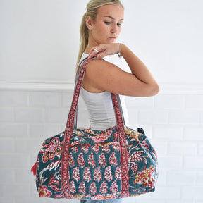 Pine Green, Red, Pink & Mustard Block Print Quilted Duffle Bag