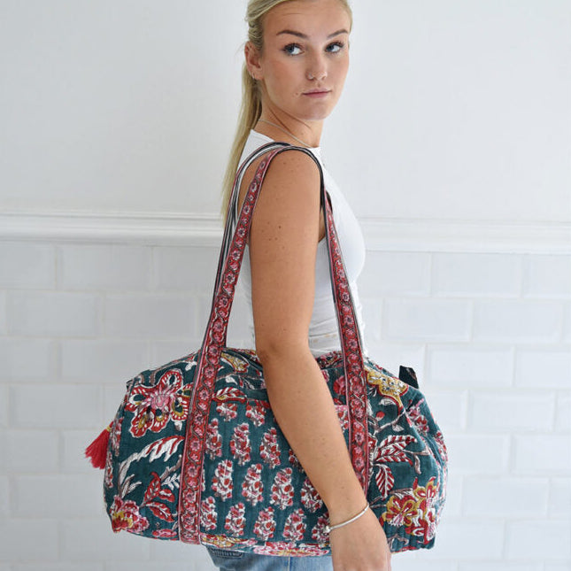Pine Green, Red, Pink & Mustard Block Print Quilted Duffle Bag