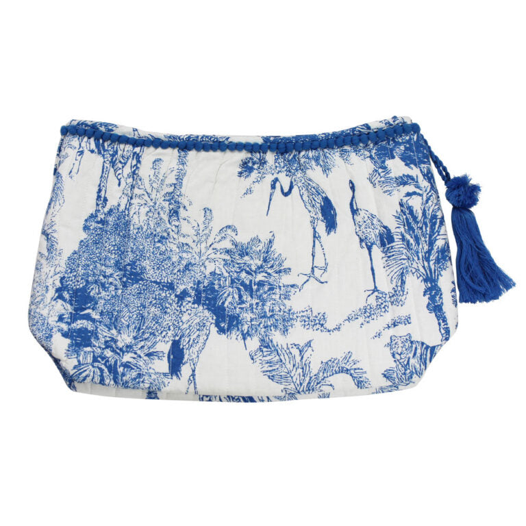 Blue & White Safari Toile De Jouy Print Lined Wash Bag