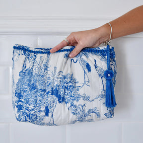 Blue & White Safari Toile De Jouy Print Lined Wash Bag