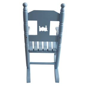 Blue wooden Rocking Chair with cut-out train back view