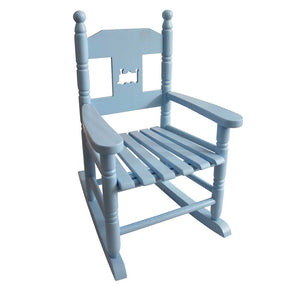 Blue wooden Rocking Chair with cut-out train side view