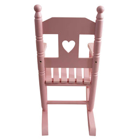 child's pink wooden rocking chair with cut out heart back view