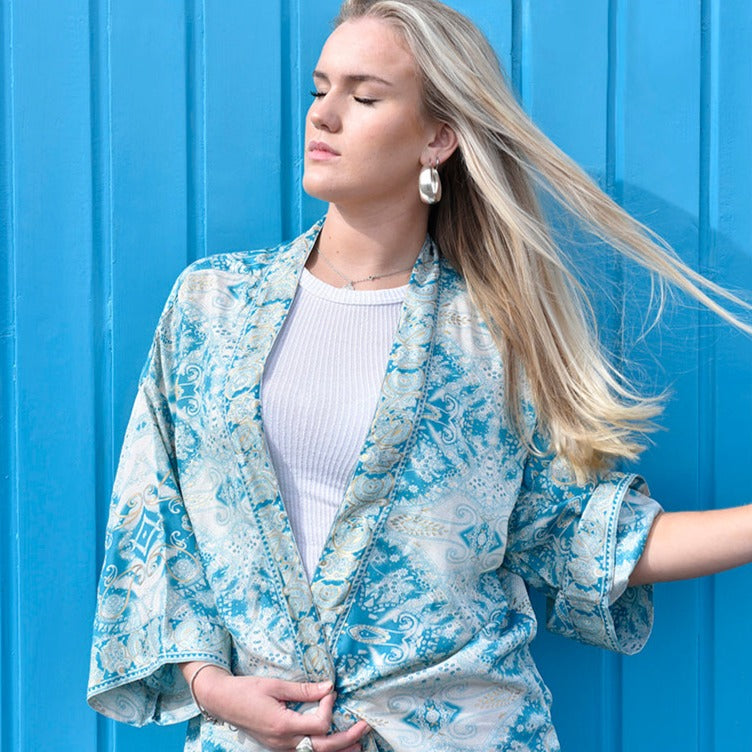 Turquoise, Cream & Gold Viscose Summer Jacket