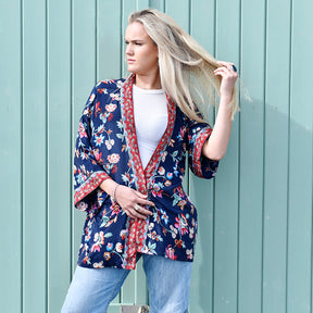 Navy Blue Folk Floral Viscose Summer Jacket