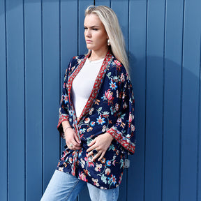 Navy Blue Folk Floral Viscose Summer Jacket