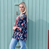 Navy Blue Folk Floral Viscose Summer Jacket