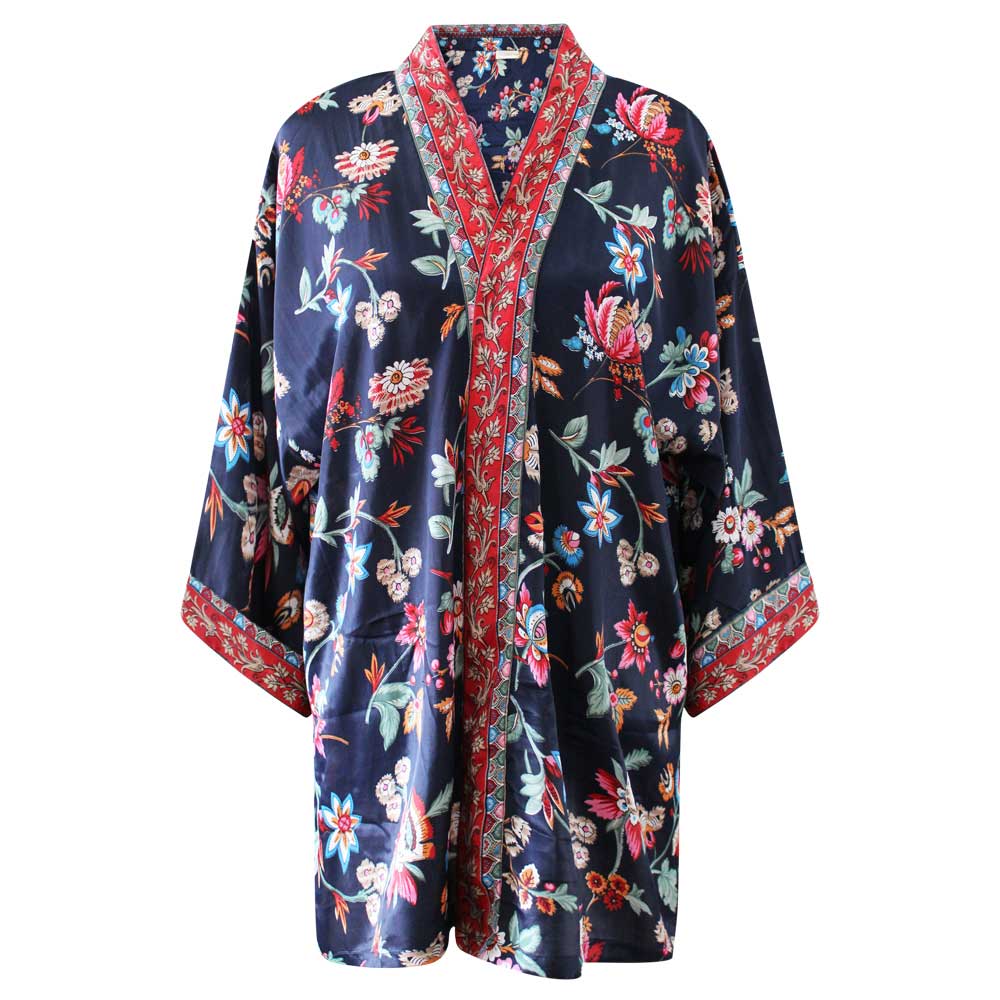 Navy Blue Folk Floral Viscose Summer Jacket