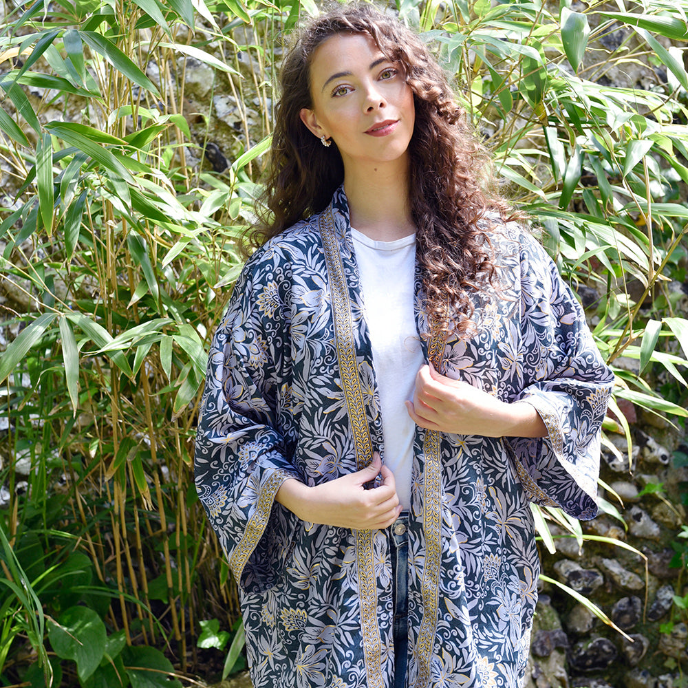 Black, Grey & Gold Floral Viscose Summer Jacket