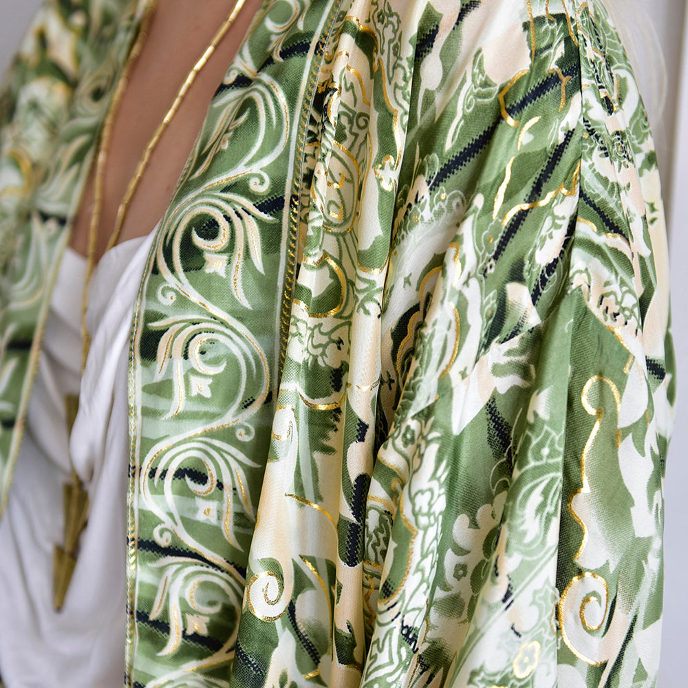 Khaki, Cream & Gold Abstract Floral Viscose Summer Jacket