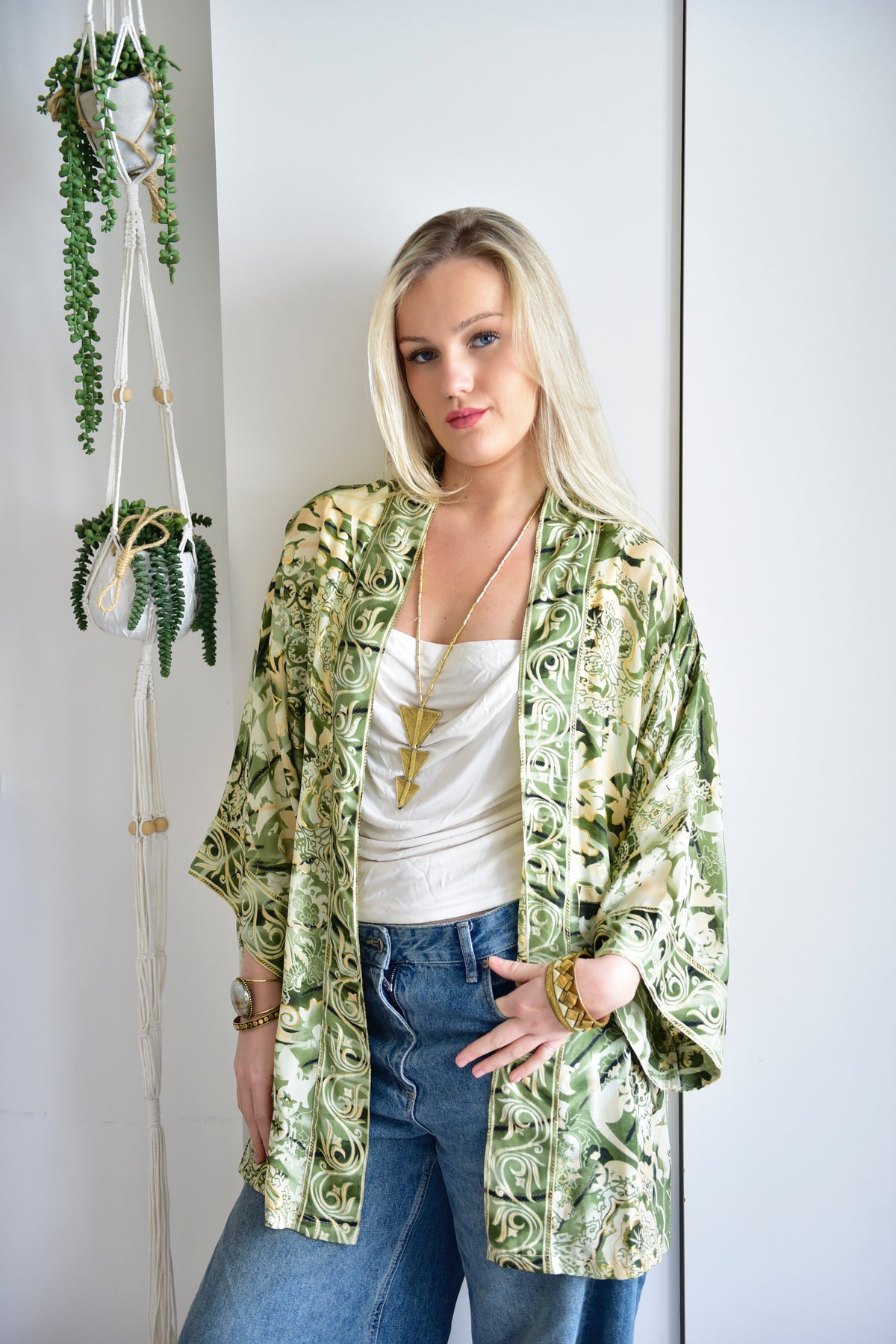 Khaki, Cream & Gold Abstract Floral Viscose Summer Jacket