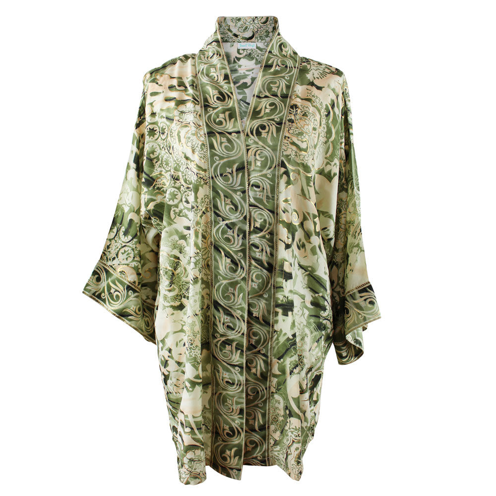 Khaki, Cream & Gold Abstract Floral Viscose Summer Jacket