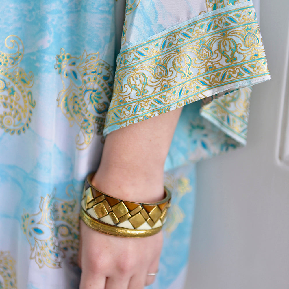 Turquoise Marble With Gold Paisley Blocks Viscose Summer Jacket