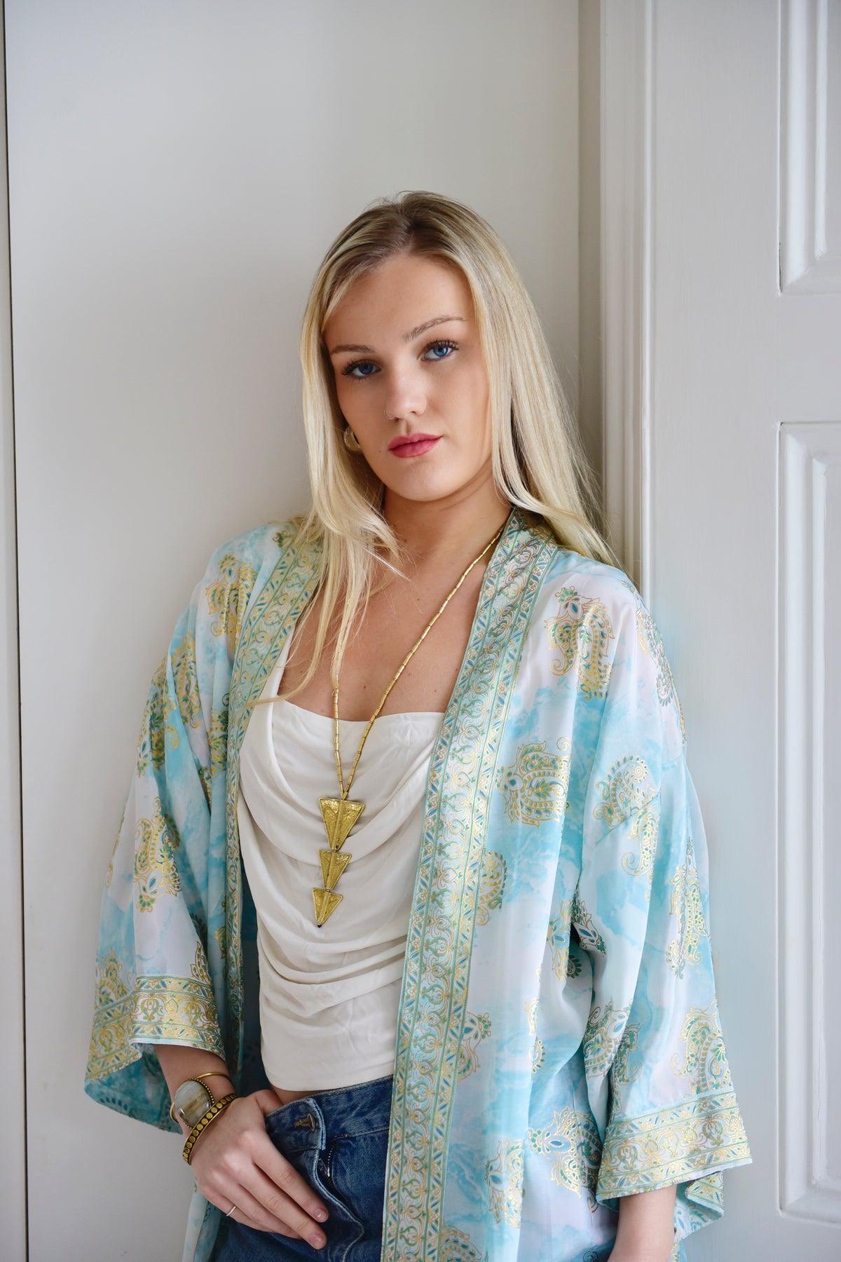 Turquoise Marble With Gold Paisley Blocks Viscose Summer Jacket
