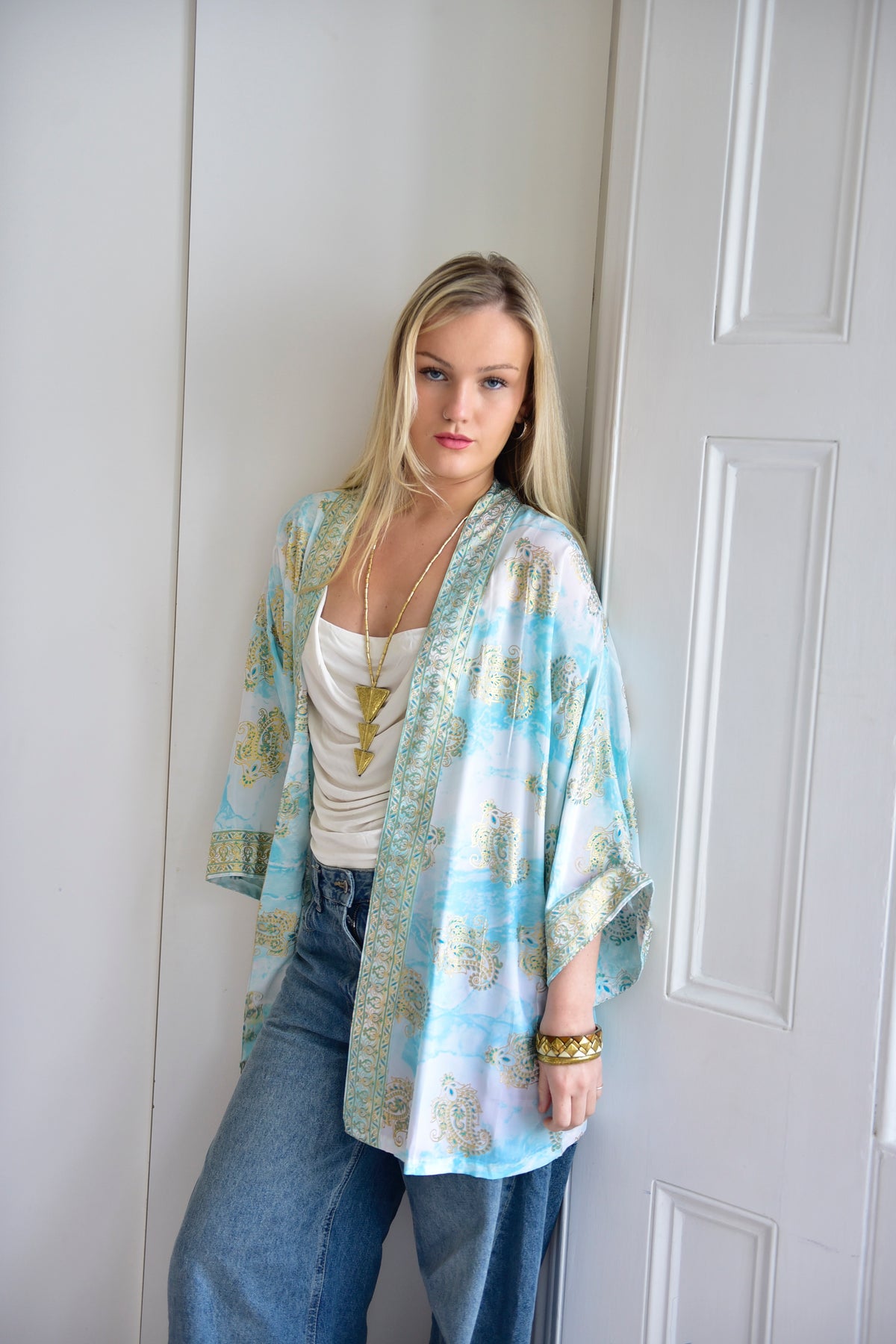 Turquoise Marble With Gold Paisley Blocks Viscose Summer Jacket