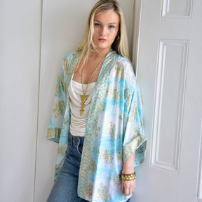 Turquoise Marble With Gold Paisley Blocks Viscose Summer Jacket
